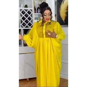 Elegant Free-Flowing Marigold Dress with Crystal Studs (Abaya/Kaftan)